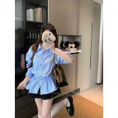 批发美式复古中长款长袖<b class='q'>条纹</b>衬衫女装大码早秋小众收腰显瘦翻领上衣