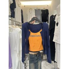 批发早秋美式复古字母印花吊带背心女内搭+<b class='q'>修身</b>开衫<b class='q'>外套</b>上衣两件套装