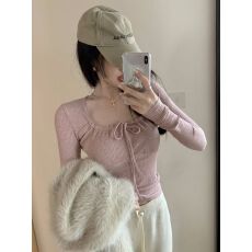 批发纯欲系带方领性感修身打底衫粉色长袖t恤女显瘦小众<b class='q'>春</b>秋季