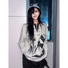 批发假两件酷依卫衣男女同款春秋新款骑士古堡印花<b class='q'>宽松</b><b class='q'>长袖</b><b class='q'>T</b><b class='q'>恤</b>情侣