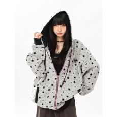 批发美式街头满印星星开衫<b class='q'>连帽卫衣</b>外套女春秋冬新款宽松设计感上衣