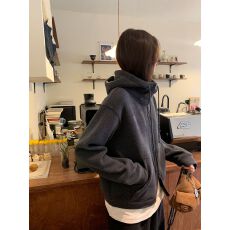 批发【原版面料韩版磨毛卫衣女秋冬季宽松加绒百搭灰色双拉链连帽外套