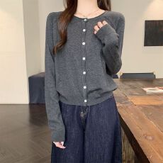 批发韩版气质圆领<b class='q'>长袖</b>针织开衫外套女秋季2025新款休闲百搭简约毛衣潮