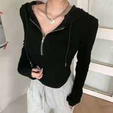 批发连帽秋冬新款韩版半拉链洋气上衣显瘦长袖打底衫