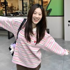 批发【棉条纹】甜美复古拼色条纹长袖t恤女秋冬慵懒风<b class='q'>卫衣</b><b class='q'>外套</b>潮