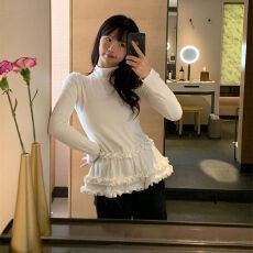 批发【螺纹德绒】木耳边长袖T恤<b class='q'>女</b>修身半高领上衣