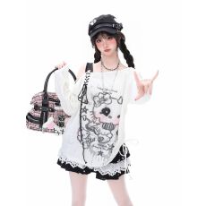 批发轻亚风甜酷Kitty猫印花薄款长袖罩衫T恤女<b class='q'>防晒</b>斜肩上衣