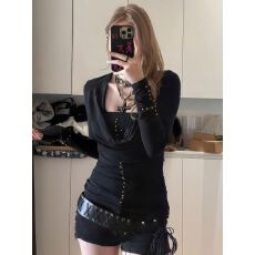 批发随心裁<b class='q'>莫代尔</b>260克1*1】美式辣妹长袖<b class='q'>T</b><b class='q'>恤</b>铆钉上衣两件套