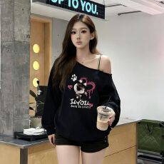 批发【斜领】曼巴棉300克 后包领彩色内外同色印花长袖宽松<b class='q'>套头卫衣</b><b class='q'>女</b>