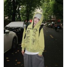 批发美式复古趣味绿色连帽卫衣女设计感小众宽松百搭开衫拉链<b class='q'>短款</b>外套