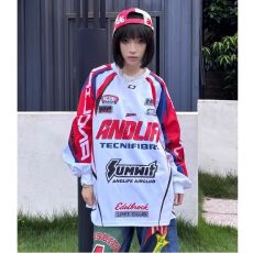 批发原版面料原版做工网眼印花嘻哈街舞赛车服长袖t恤<b class='q'>男</b>女情侣2026春