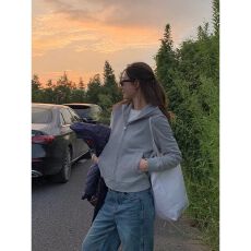 批发纯棉华棉复银狐绒400克#秋冬季短款开衫连帽卫衣女外套上衣慵懒风