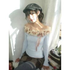 批发【螺纹德绒】<b class='q'>甜美</b>一字肩毛领长袖T恤女冬季修身显瘦上衣