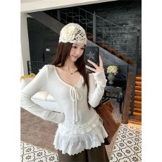 批发1*1德绒纯欲风蝴蝶结V领长袖T恤<b class='q'>女</b>秋冬蕾丝拼接荷叶边内搭打底衫