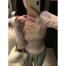 批发1*1随心裁纯欲风蕾丝v领打底衫<b class='q'>女</b>秋修身显瘦内搭长袖t恤辣妹上衣