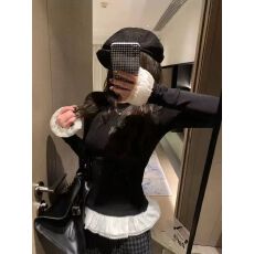 批发下摆木耳边拼接长袖T恤女<b class='q'>甜美</b>芭蕾风花边打底衫