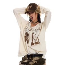 批发美式复古摇滚印花亨利领<b class='q'>长袖</b><b class='q'>T</b><b class='q'>恤</b><b class='q'>男</b>女潮牌宽松假两件上衣情侣