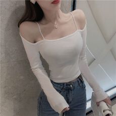 批发【带胸垫，<b class='q'>莫代尔</b>人棉260克】纯欲风一字露肩<b class='q'>吊带</b>打底衫长袖上衣