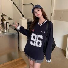 批发美式揭潮坊印花刺绣棒球服卫衣<b class='q'>男</b>女春秋运动宽松V领球衣<b class='q'>长袖</b>上衣