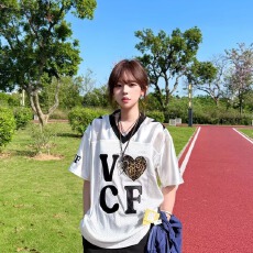 批发美式复古v领运动<b class='q'>短袖</b>t恤女夏季宽松显瘦撞色网眼球衣风<b class='q'>情侣</b><b class='q'>上衣</b>潮