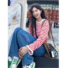 批发韩国东大门夏季新款撞色条纹薄款<b class='q'>长袖</b>t恤宽松慵懒风防晒罩衫上衣