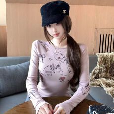 批发【260克人棉<b class='q'>莫代尔</b>】印花长袖t恤女修身辣妹<b class='q'>打底衫</b>内搭上衣