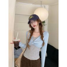 批发1*1随心裁韩系<b class='q'>条纹</b><b class='q'>长袖</b><b class='q'>t</b><b class='q'>恤</b>女设计感撞色V领扭结打底衫假两件上衣