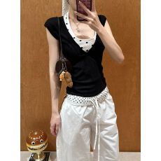 批发【210克40支精棉1*1】美式辣妹波点撞色吊带背心女短袖t恤<b class='q'>夏</b>上衣