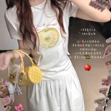 批发【210克95棉40s奥戴尔】缎带苹果短袖T恤<b class='q'>女</b>夏季修身显瘦上衣