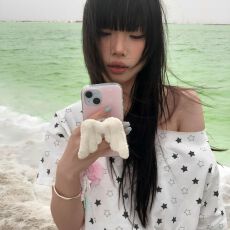 批发【210克95棉40s奥戴尔】翅膀星星满印斜肩短袖T恤<b class='q'>女</b>短款上衣