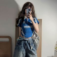 批发【210克95棉40s奥戴尔】街头甜酷风POLO领翻领短袖<b class='q'>t</b><b class='q'>恤</b>女潮牌