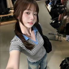 批发【210克95棉40s奥戴尔】成品款_翻领V领条纹短袖T恤<b class='q'>女</b>上衣潮