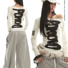 批发260克人棉美式复古字母印花斜肩长袖T恤<b class='q'>女</b>白色修身上衣打底衫