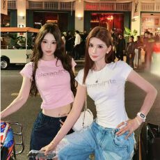 批发260克人棉韩版字母烫钻修身圆领T恤短袖<b class='q'>女</b>士夏季新款收腰显瘦上衣