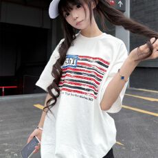 高街轻奢纯棉字母印花旗帜短袖半截袖男女同款宽松休闲百搭潮