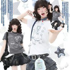 批发【40支1*1精棉210克】二次元印花短袖T恤女短款打底衫