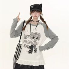 批发【40支1*1纯棉210克】卡通印花木耳边插肩袖长袖T恤女打底衫