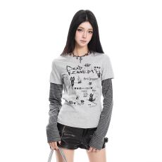 批发【40支1*1精棉210克假两件条纹撞色卡通印花长袖T恤女短款打底衫