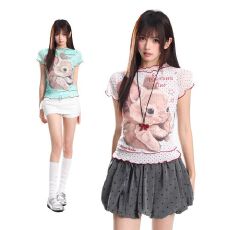 批发原版布料+双层做法+高质量印花兔子木耳边波点圆领正肩短袖T恤女