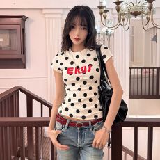 批发【260克1*1<b class='q'>莫代尔</b>波点短袖<b class='q'>T</b><b class='q'>恤</b>女修身正肩上衣辣妹显瘦美式设计感