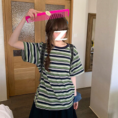 批发广州原版面料】 螺纹领口 +后包边 条纹<b class='q'>短袖</b>T恤<b class='q'>男</b>女