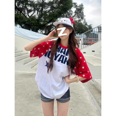 批发220g纯棉】+后包 字母印花撞色拼接宽松<b class='q'>短袖</b>T恤女