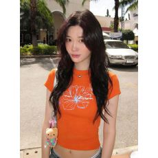 批发【210克40支精棉1*1】美式复古橘色<b class='q'>花朵</b>印花短袖<b class='q'>T</b><b class='q'>恤</b>女夏纯欲上衣