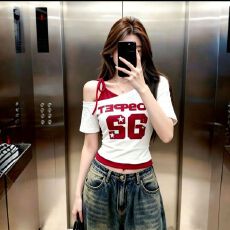 批发【210g棉92氨纶8辣妹<b class='q'>修身</b>斜肩假两件撞色t恤女美式露肩短袖<b class='q'>打底衫</b>