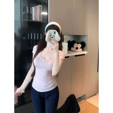 批发粉色波点u领短袖正肩T恤女夏季设计感收腰<b class='q'>打底衫</b>甜美修身显瘦上衣