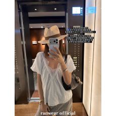 批发法式蕾丝花边<b class='q'>V领</b>泡泡袖上衣女夏季甜美穿搭宽松垂感小众百搭短袖