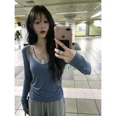 批发【260克人棉<b class='q'>莫代尔</b>】 假两件挂脖<b class='q'>吊带</b>长袖t恤女内搭打底衫上衣
