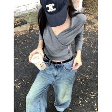 批发螺纹德绒 】灰色V领交叉连帽长袖T恤秋季美式设计感修身上衣