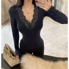 批发人棉磨毛法式轻熟风蕾丝v领打底衫女秋季辣妹收腰性感修身长袖T恤