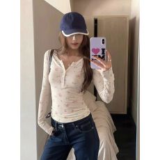批发【260克人棉莫代尔】 <b class='q'>碎花</b>纽扣长袖T恤女修身打底衫<b class='q'>上衣</b>